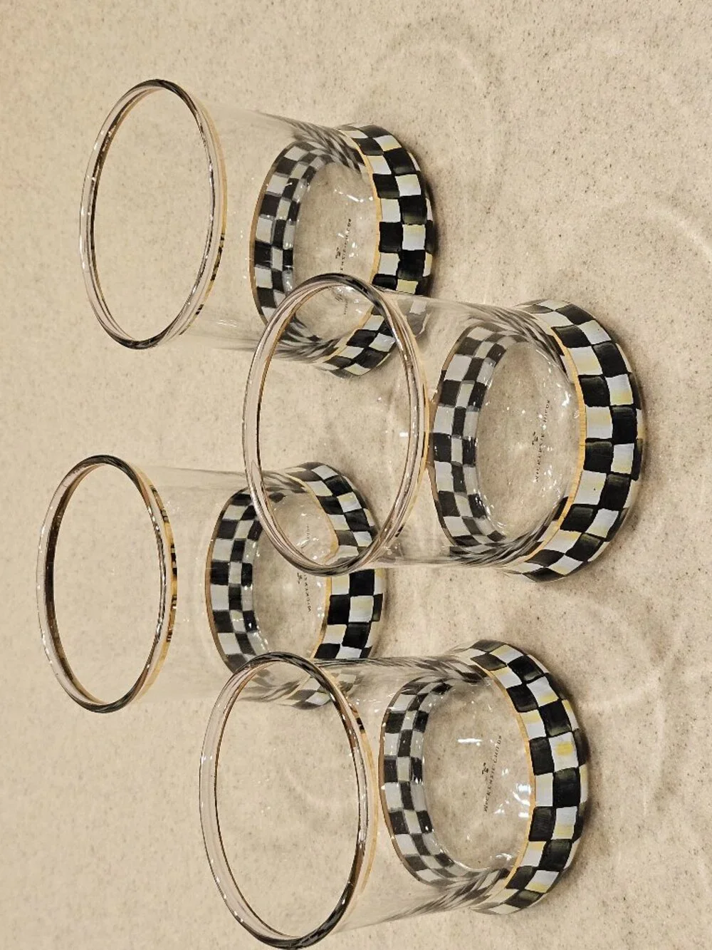 4 RETIRED MACKENZIE CHILDS COURTLY CHECK DOf BAR WATER DRINKING GLASS TUMBLER